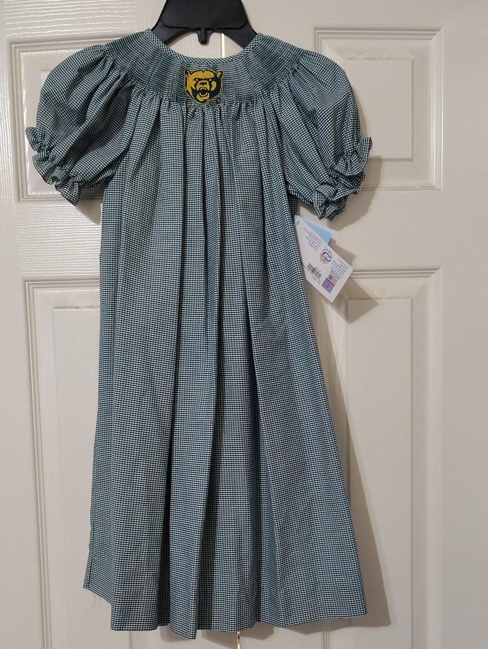 Girls Vive La Fete Green Baylor Bears Mini-Check Smocked Bishop Dress Size 5 NWT